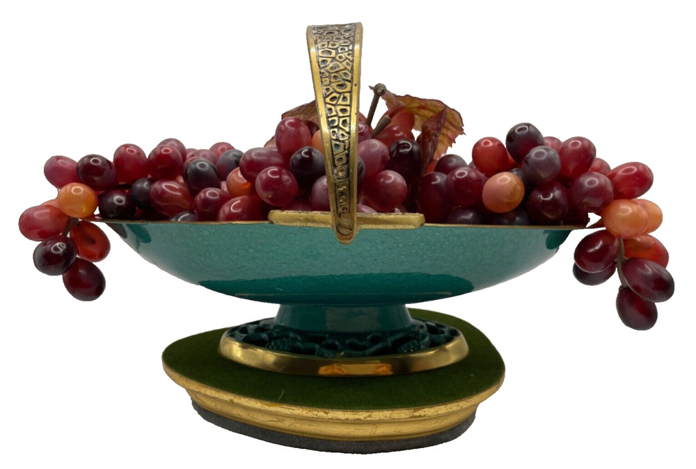 Vintage 1960s Brass Turquoise Enamel Basket With Handle Signed Made in Israel